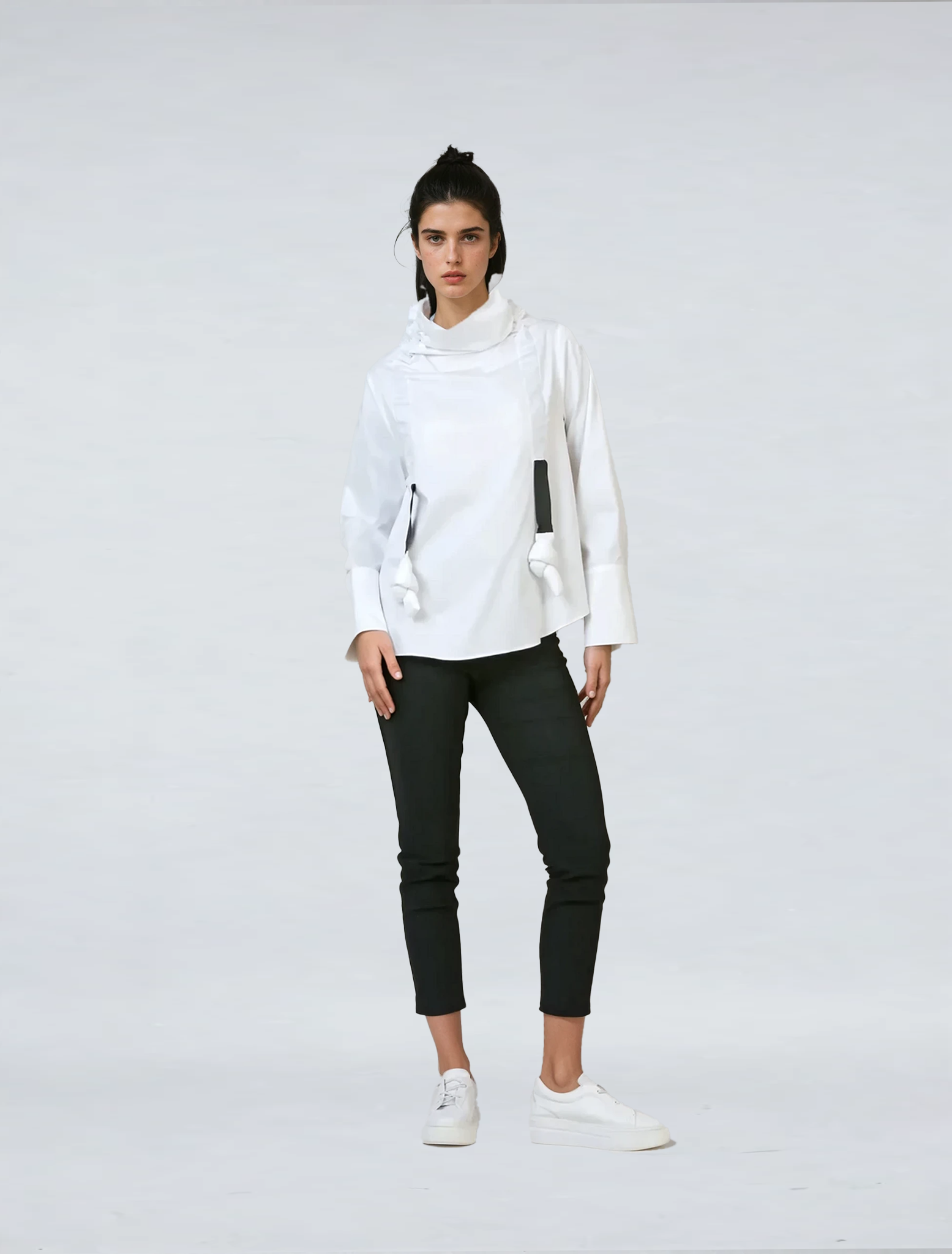 High Collar Gathered Blouse - White